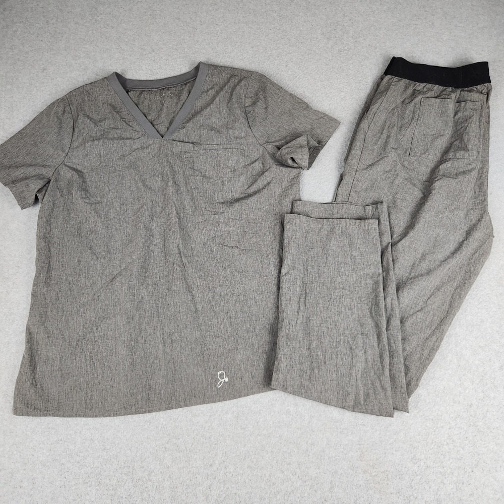 Jaanuu 2 Piece Scrub Set Womens Large Gray Heathered Medical Short Sleeve V-Neck
